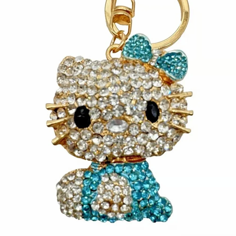 Hello Kitty Rhinestone Key Chain Bling Bag Charm Blue +Gold Purse Fob Head Moves